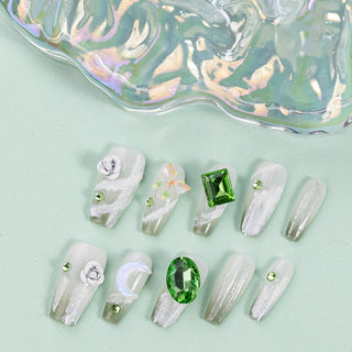 Green Gemstone Press On Nails