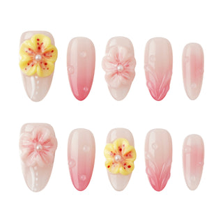 3D Pink Sculpted Floral Water Droplets Strip Almond Press-on Nails