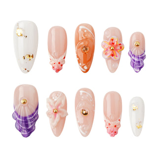 Elegant 3D Floral Nail Art Water Droplets Lines with Solid & French Almond Press-on Nails