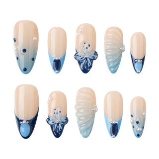 New Arrival Blue Gradient Shell Stripes Pearl Stack Almond Press-on Nails