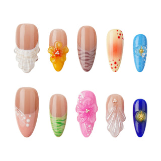 3D Floral Shell Stripes Multiple Color French Almond Press-on Nails