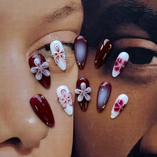 Fall Trend White-red White Gradient Flower Almond Press-on Nails