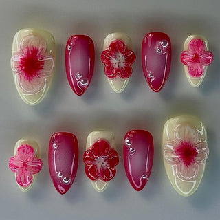 New 3D Peach Blossom Pearl Hand Drawn Almond Press-on Nails