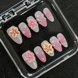 3D Pink Sculpted Floral Water Droplets Strip Almond Press-on Nails