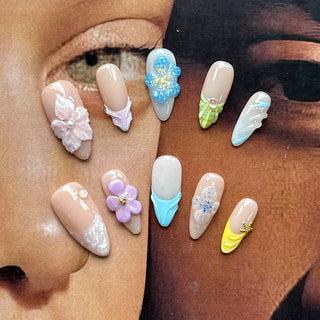 Skin Color Marble Flower Almond Press-on Nails