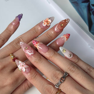 Elegant 3D Floral Nail Art Water Droplets Lines with Solid & French Almond Press-on Nails