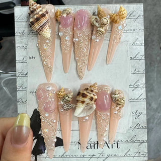 New Arrival 3D Shell Diamond Chain Pearl Handmade Press-on Nails