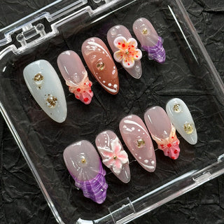 Elegant 3D Floral Nail Art Water Droplets Lines with Solid & French Almond Press-on Nails