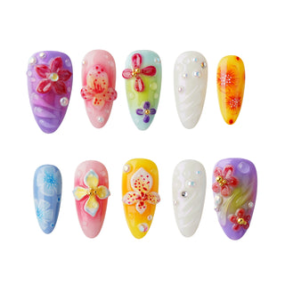 New Hand Drawn 3D Flower Rhinestone Almond Press-on Nails