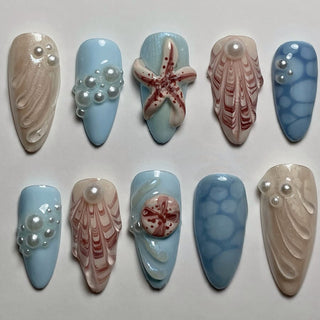 New 3D Ocean Starfish Pearl Hand Drawn Almond Press-on Nails