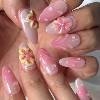 3D Pink Sculpted Floral Water Droplets Strip Almond Press-on Nails