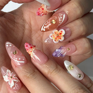 Elegant 3D Floral Nail Art Water Droplets Lines with Solid & French Almond Press-on Nails