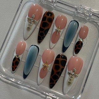 2024 New 3D Metal Cross Leopard Contrast Color Press-on Stiletto Nails