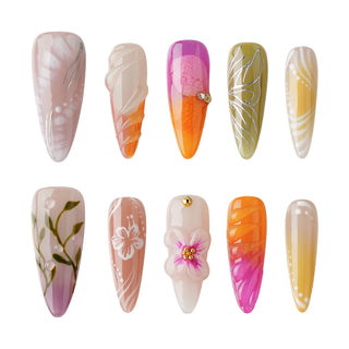 New 3D Flower Contrast Colored Press-on Long Almond Nails