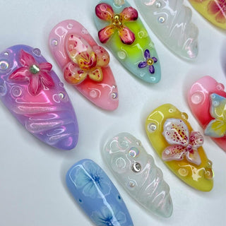 New Hand Drawn 3D Flower Rhinestone Almond Press-on Nails