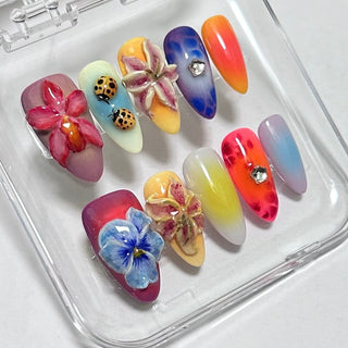 New 3D Flower Playbird Colorful Almond Press on Nails