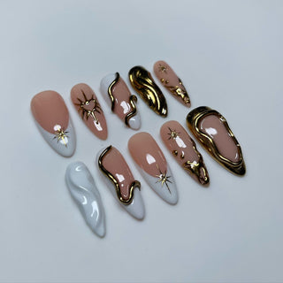 New 3D Gold Line Heart Sun Frech Almond Press-on Nails