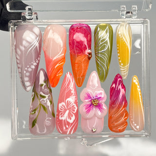 New 3D Flower Contrast Colored Press-on Long Almond Nails