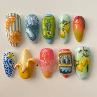 New Hand Drawn 3D Fruit Fish Shell Handmade Almond Press-on Nails