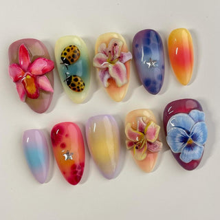 New 3D Flower Playbird Colorful Almond Press on Nails