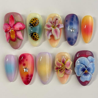 New 3D Flower Playbird Colorful Almond Press on Nails