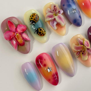 New 3D Flower Playbird Colorful Almond Press on Nails